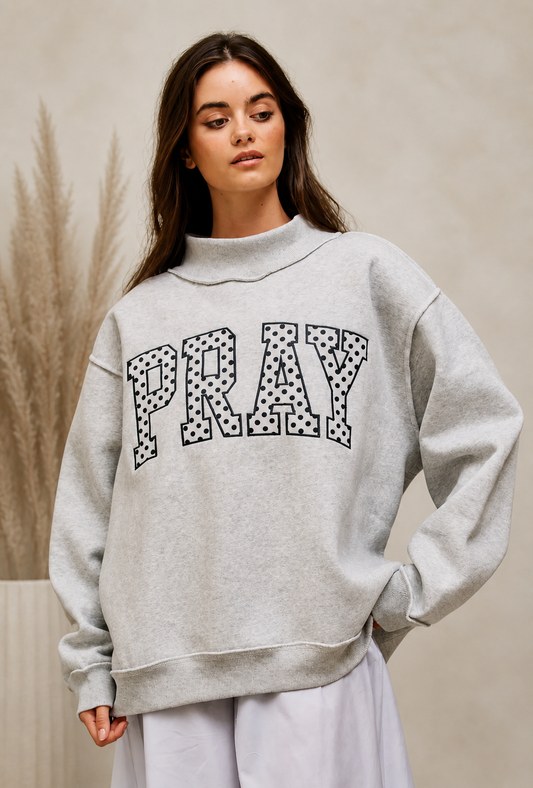 Embroidered "Pray" Mock Neck Sweatshirt