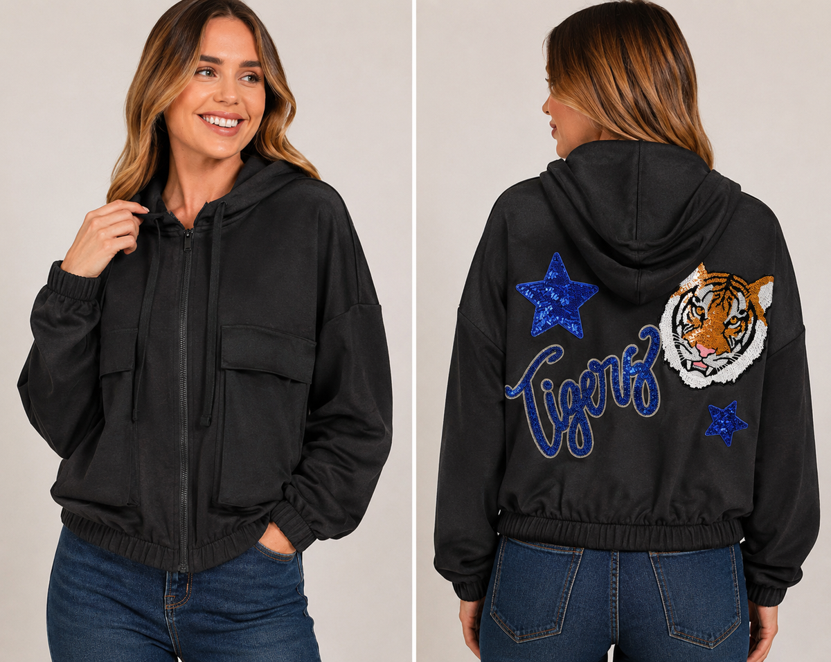 Soft Scuba Full Zip Jacket with 2 Large Sport Sequin Patch+ 2 Stars
