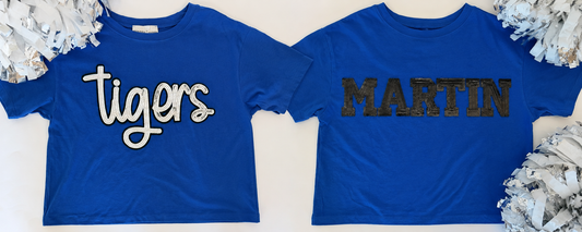 Blue Crop Tee w/ Large Sequin Patch+6 Letters (Back)