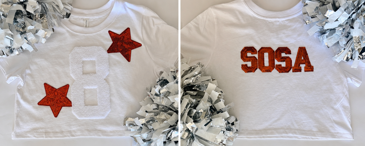 Crop Tee w/ 1 Fuzzy Numbers+2 Stars+4 Letters (Back)