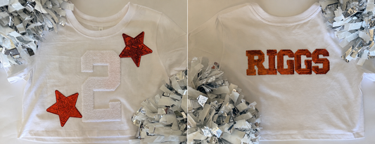Crop Tee w/ 1 Fuzzy Numbers+2 Stars+5 Letters (Back)