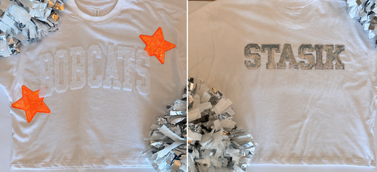 Oversized Crop Tee w/ Large Fuzzy Patch+2 Stars+6 Letters (Back)