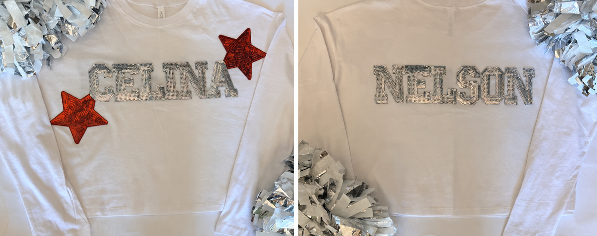 Long Sleeve Crop w/ 6 Letters (front)+2 Stars+6 Letters (Back)