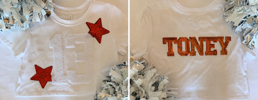 Crop Tee w/ 2 Fuzzy Numbers+2 Stars+5 Letters (Back)