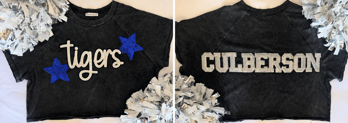 Washed Black/Grey Crop Tee w/ Large Sequin Patch+2 Stars+9Letters (Back)