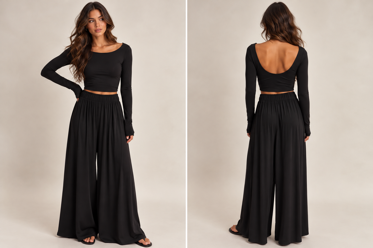 Woman's Black Long Sleeve Top & Wide Leg Pants Set