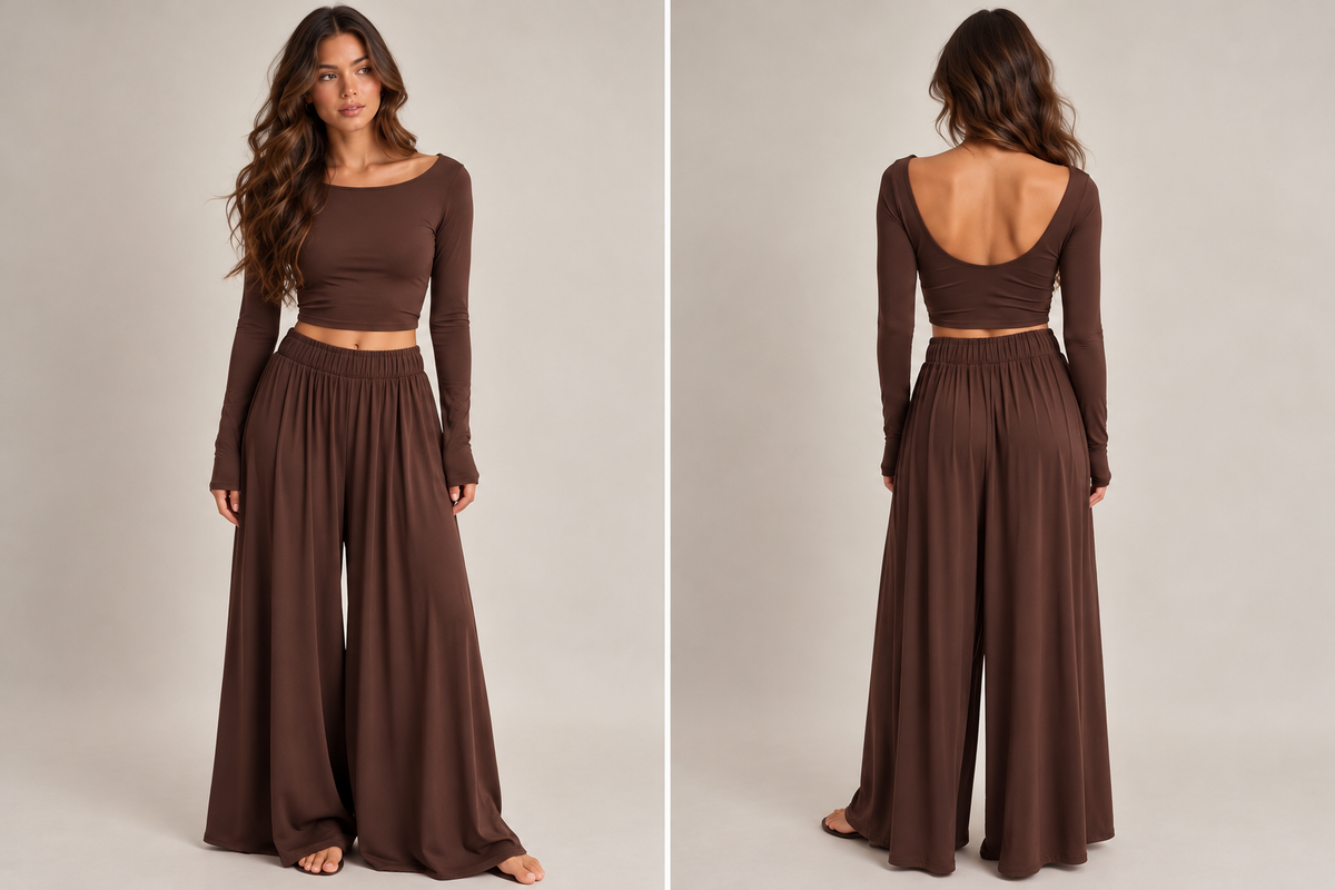 Woman's Brown Long Sleeve Top & Wide Leg Pants Set