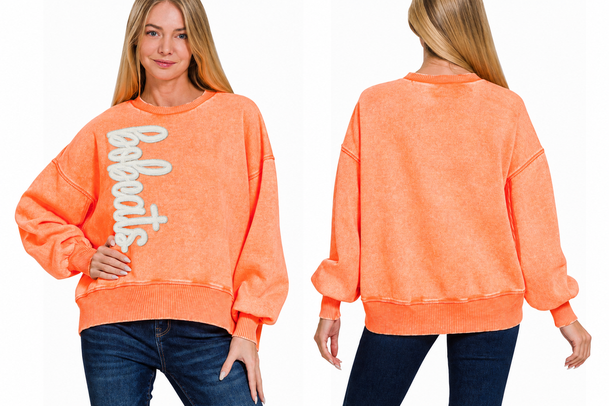 Acid Wash Fleece Oversized Pullover w/ Bobcats Patch