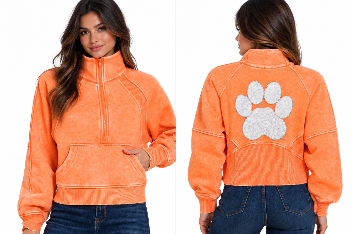 Acid-Washed Half Zip Pullover w/ Single Sequin Patch