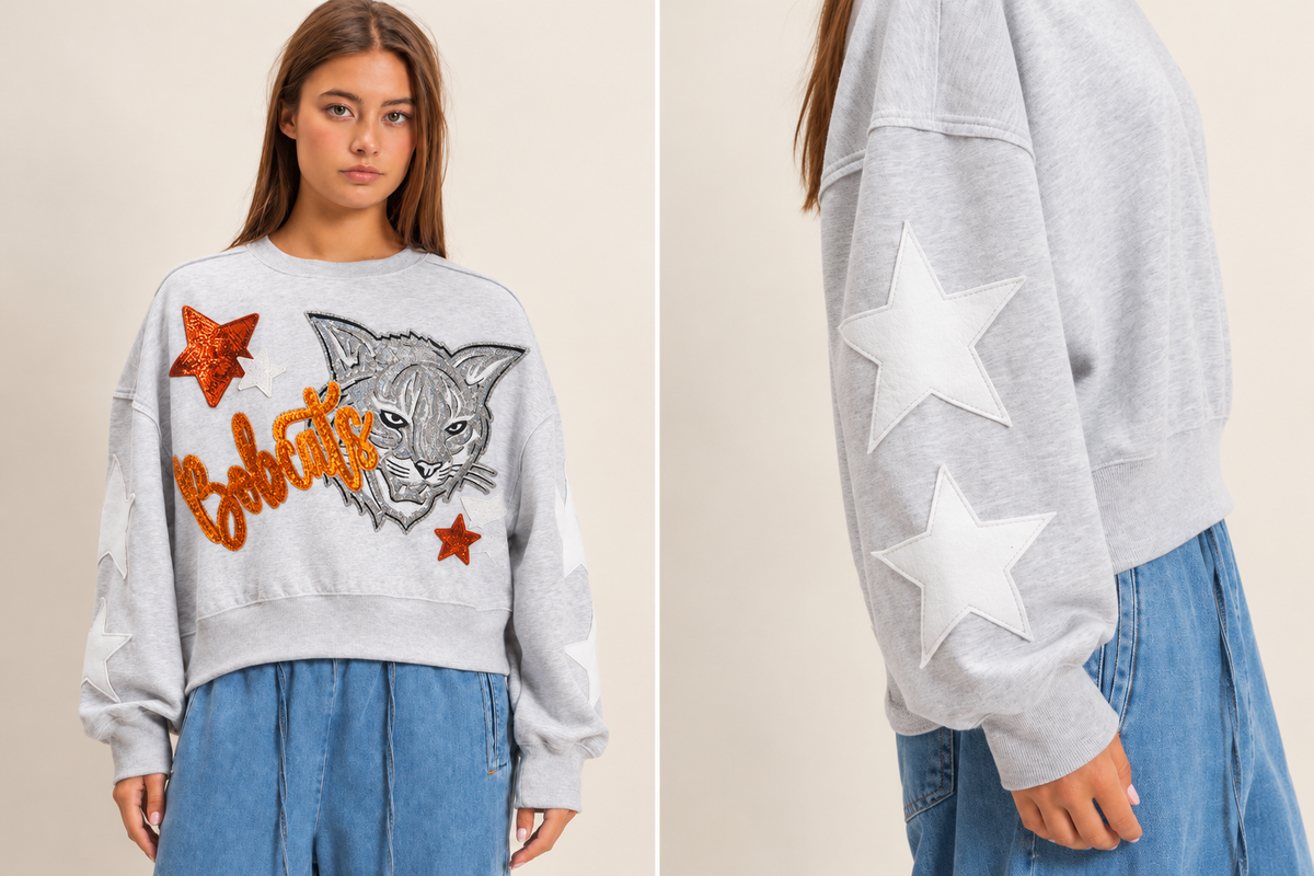 Star Sleeve Crop Sweatshirt with 2 Large Patches + 6 Stars