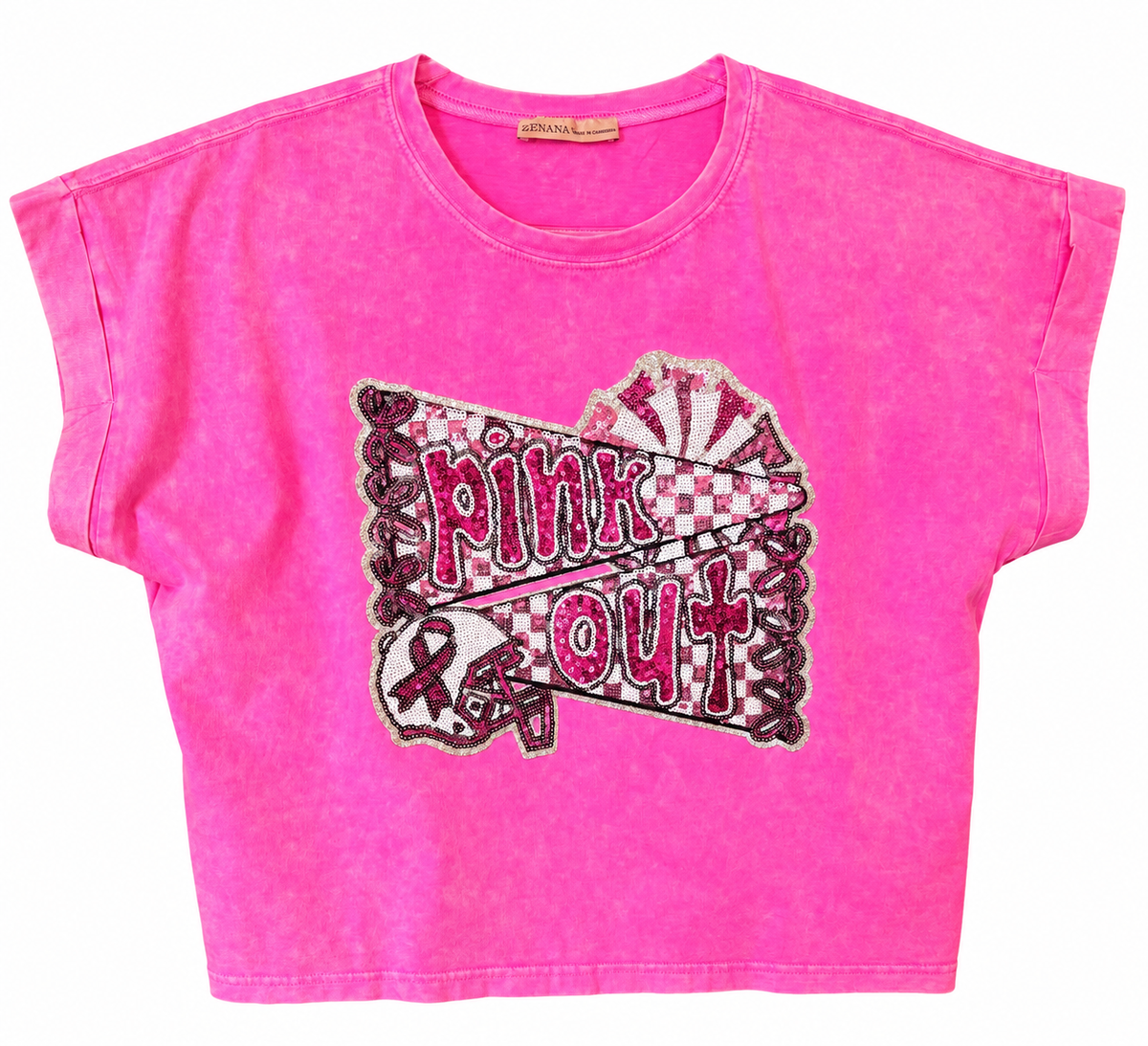 Woman's Pink Cuffed Short Sleeve Top w/ Sequin Patch