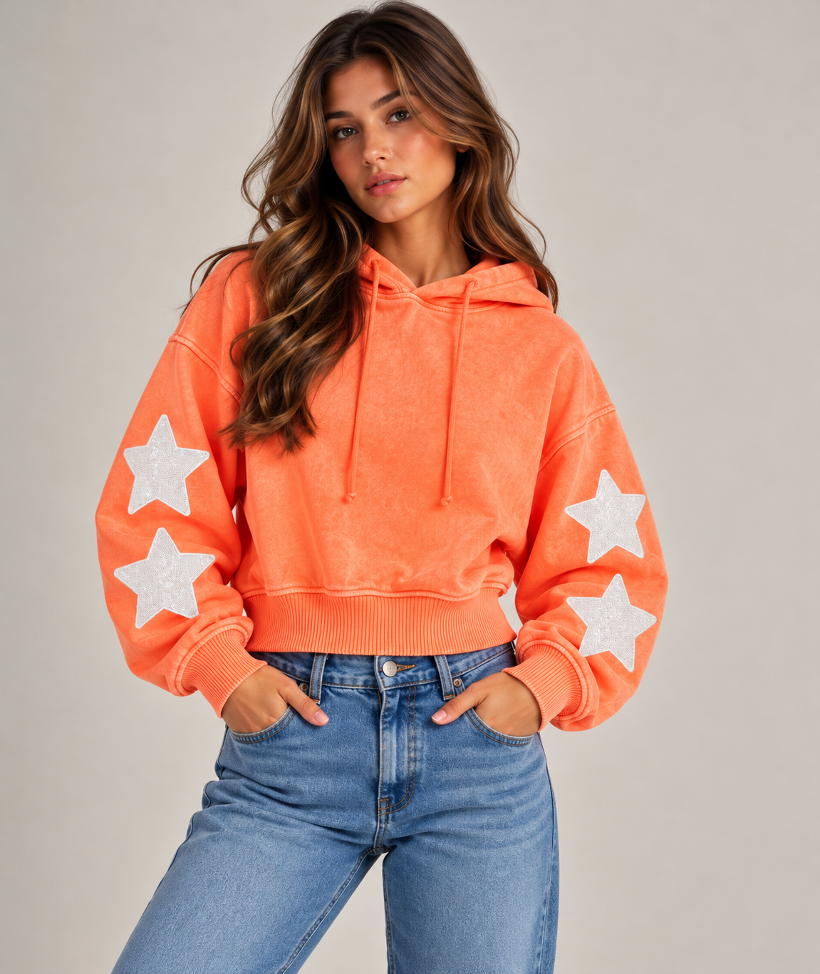 Acid Washed Fleece Cropped Hoodie w/ 4 Stars on Arms