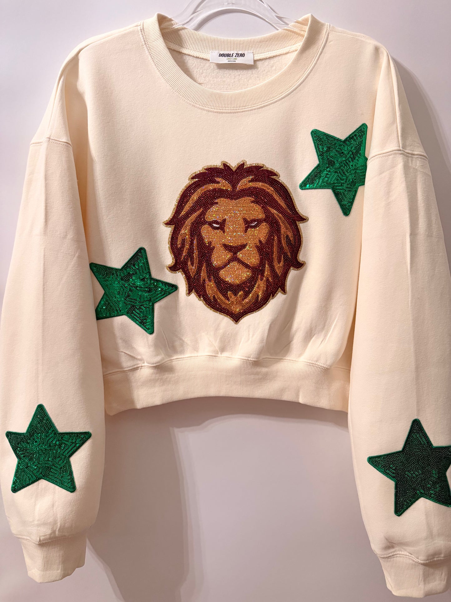Woman's Cream Crop Pullover with Large Sequin Patch+4 Stars