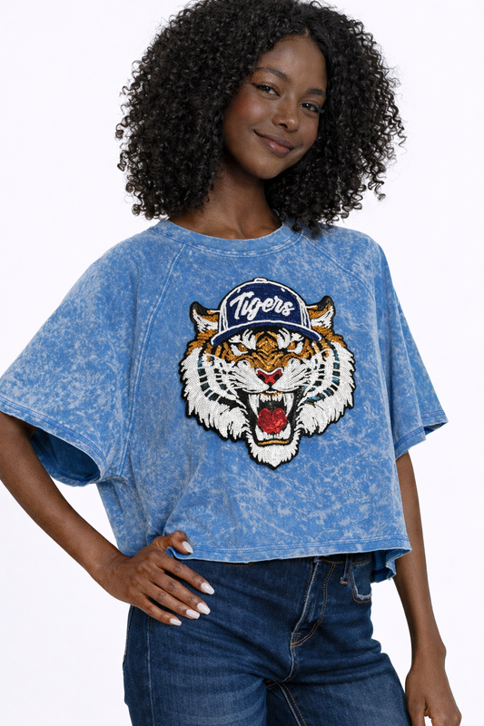 Woman's Blue Crop Tee w/ Large Sequin Patch