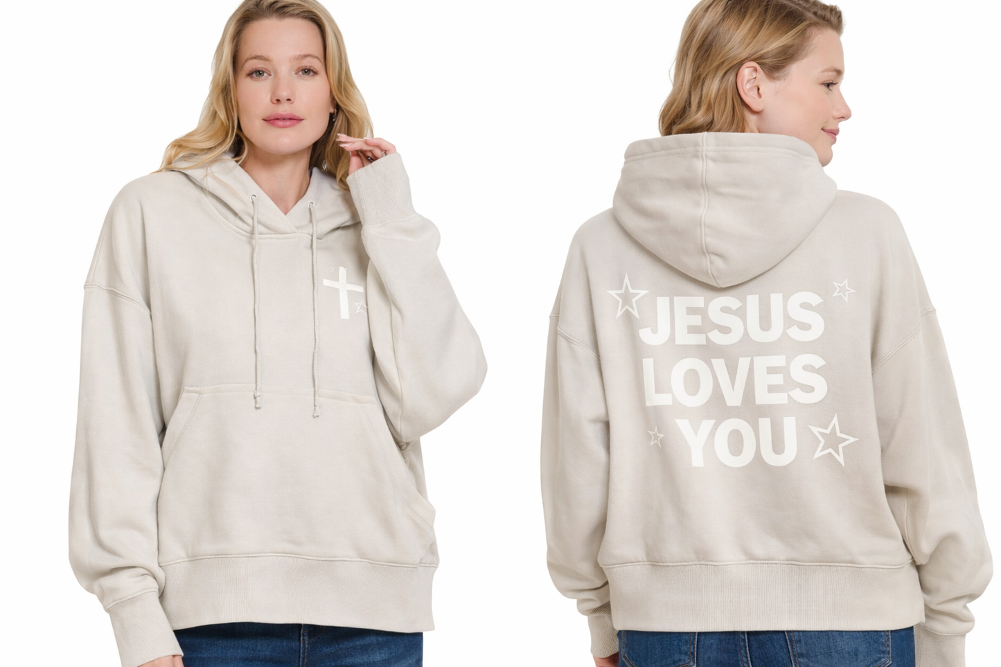 Woman's Bone Oversized Jesus Loves You Pocket Hoodie