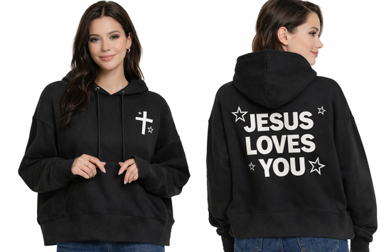 Woman's Black Oversized Jesus Loves You Pocket Hoodie