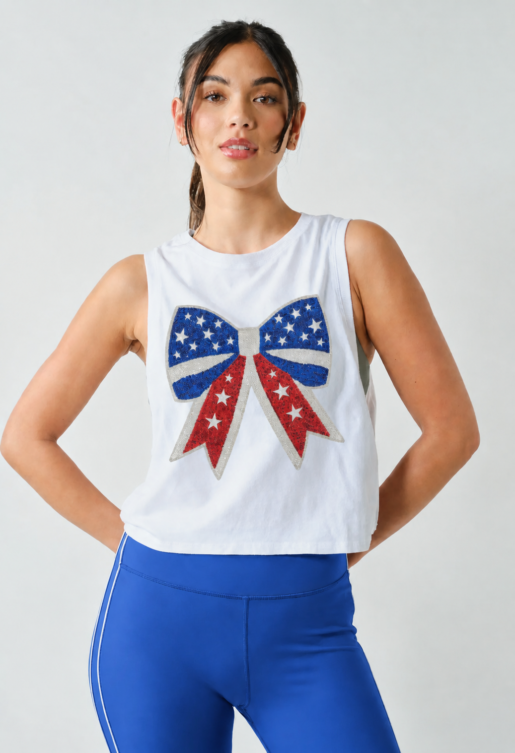 Woman's White Side Knot Tank w/ Large Sequin Patch