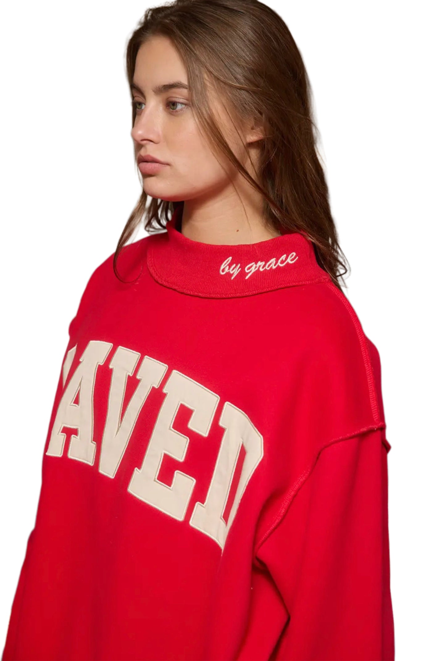 Woman's Mock Neck Sweatshirt-Red Saved
