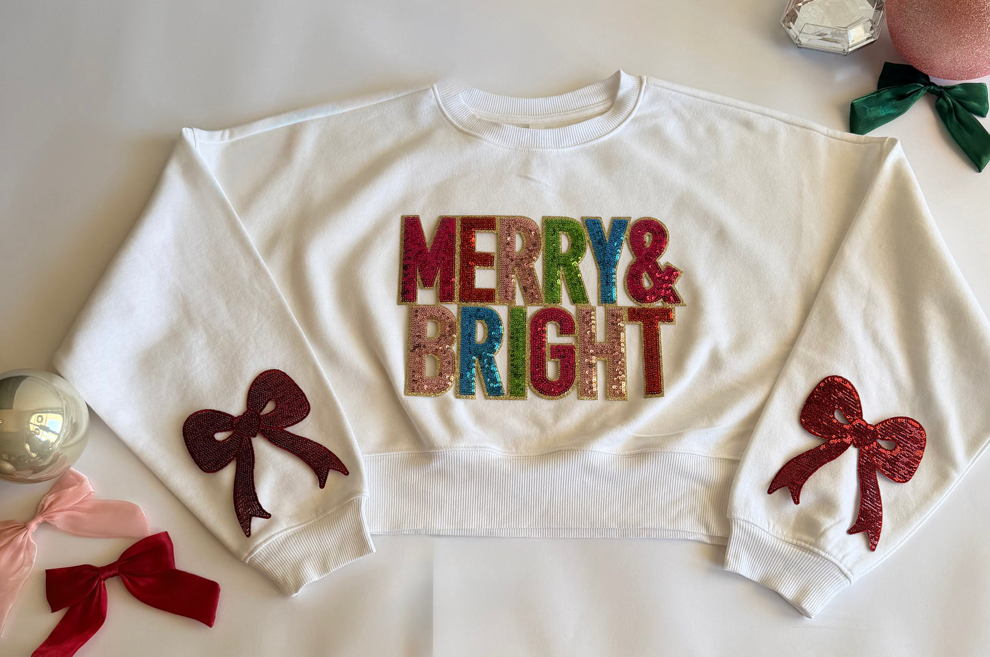 Adult Christmas Sweatshirt with Sequin Patch+ Bows