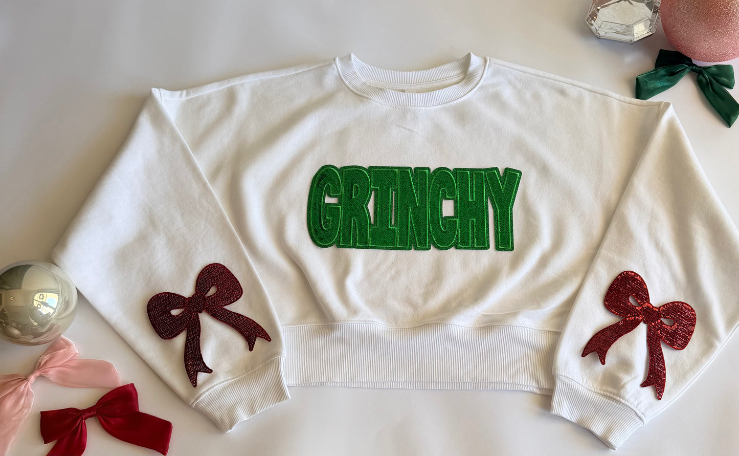 Adult Christmas Sweatshirt with Sequin Patch+ Bows