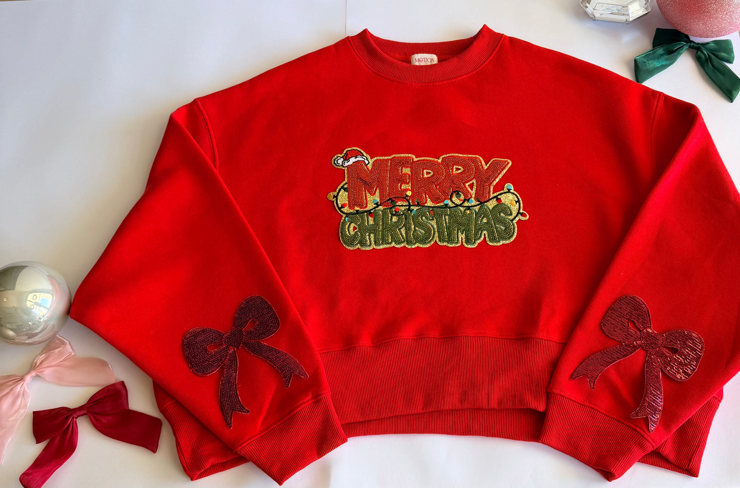 Adult Christmas Sweatshirt with Sequin Patch+ Bows