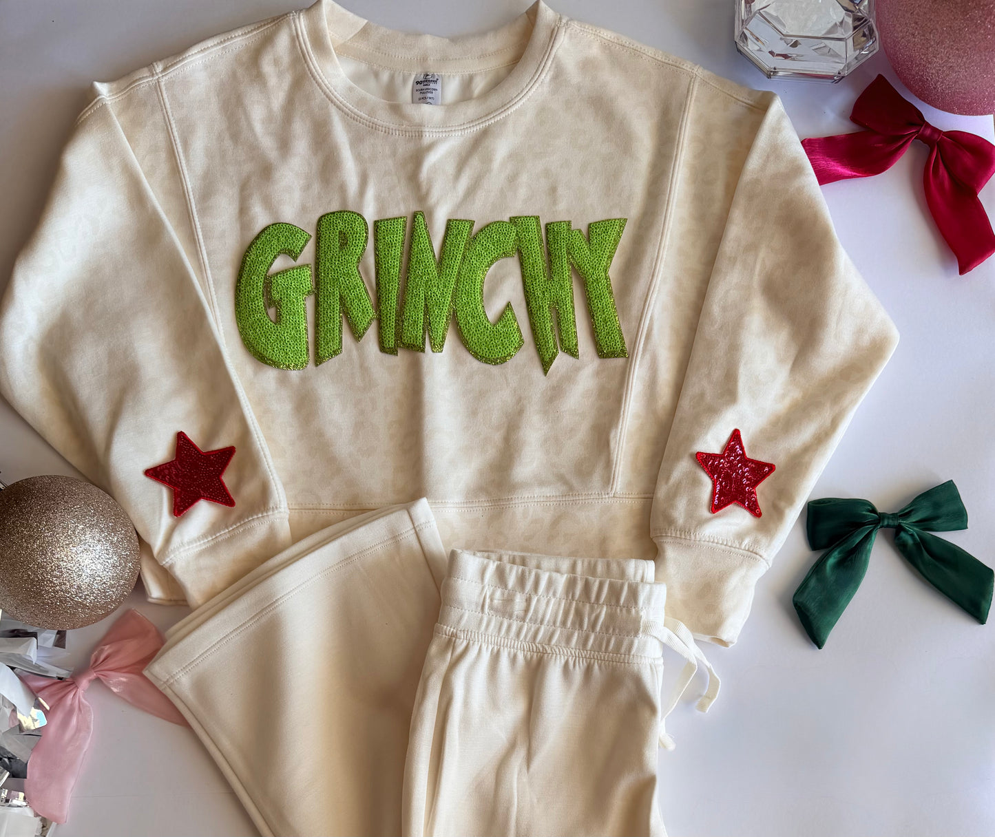 Youth Christmas Pullover Leopard Pant Set with Christmas Patch + Stars