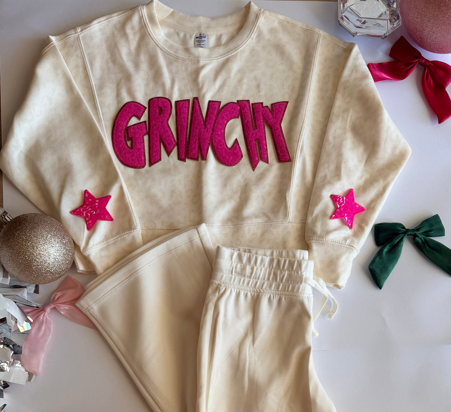 Youth Christmas Pullover Leopard Pant Set with Christmas Patch + Stars