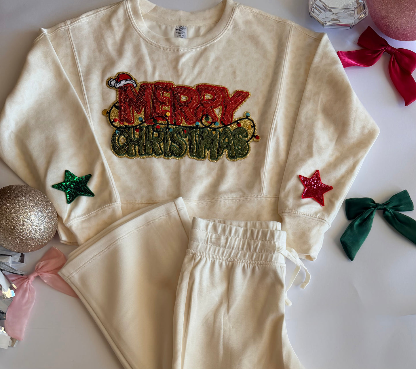 Youth Christmas Pullover Leopard Pant Set with Christmas Patch + Stars
