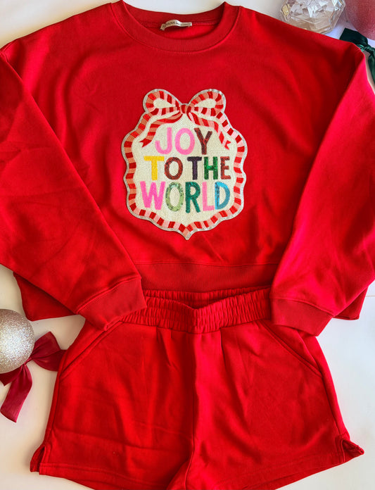 Adult Christmas Red Sweatshirt + Short Set with Single Sequin Patch