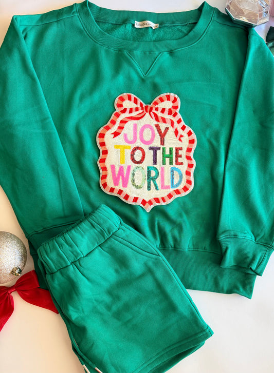 Adult Christmas Green Sweatshirt + Short Set with Single Sequin Patch
