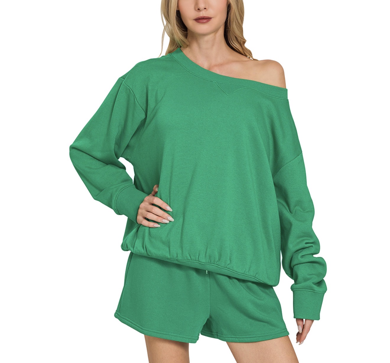 Adult Christmas Green Sweatshirt + Short Set with Single Sequin Patch