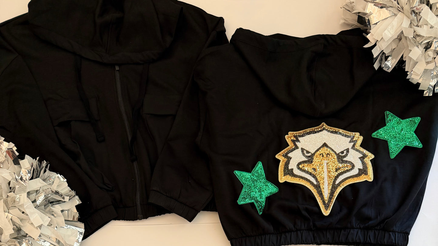 Eagles Team Custom Soft Scuba Full Zip Jacket with Large Sequin Patch+ 2 Stars