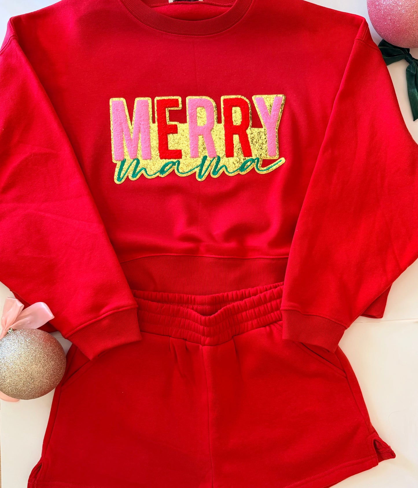 Adult Christmas Red Sweatshirt + Short Set with Single Sequin Patch