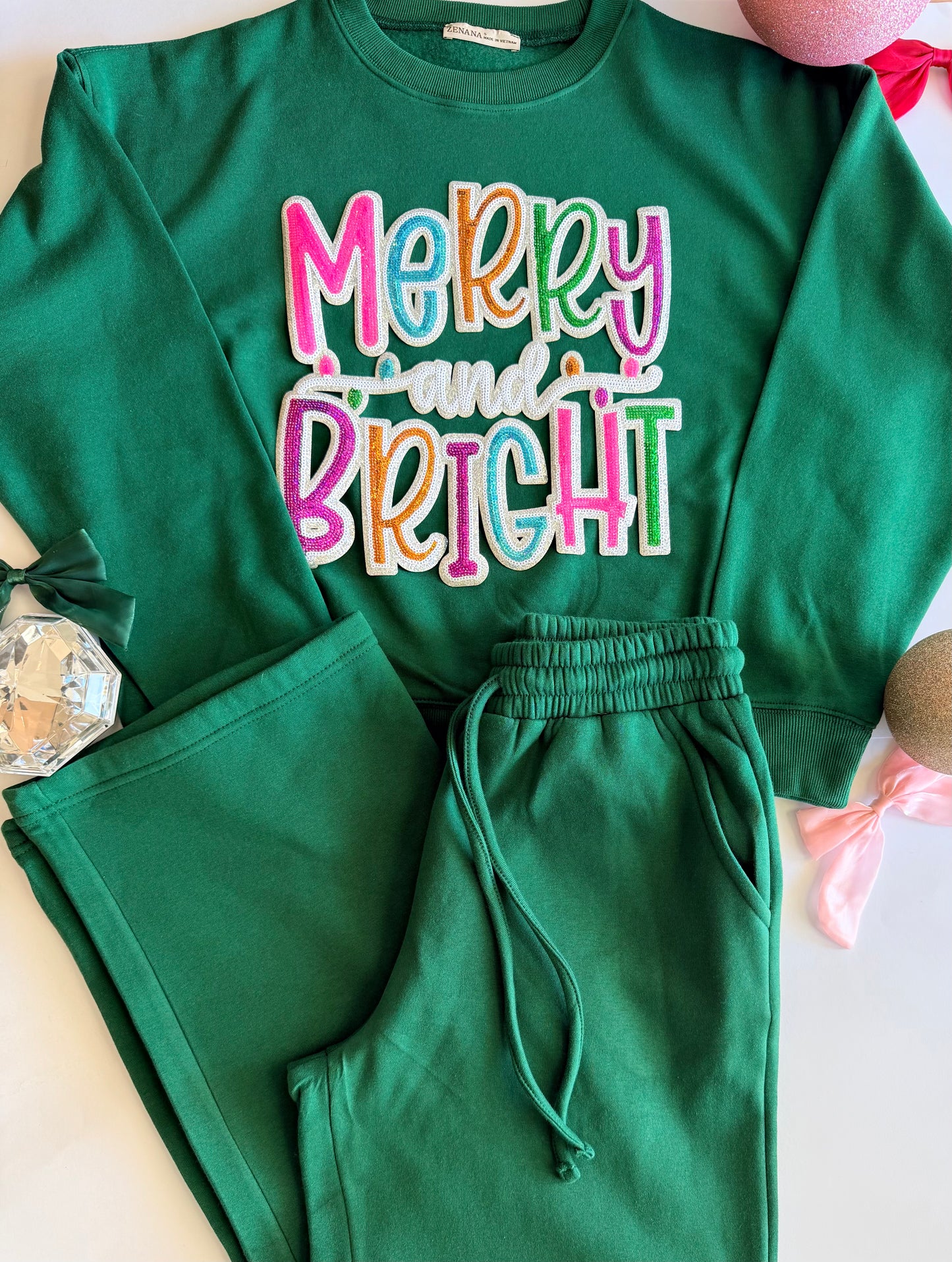 Adult Christmas Green Pullover + Sweatpant Set with Single Sequin Patch