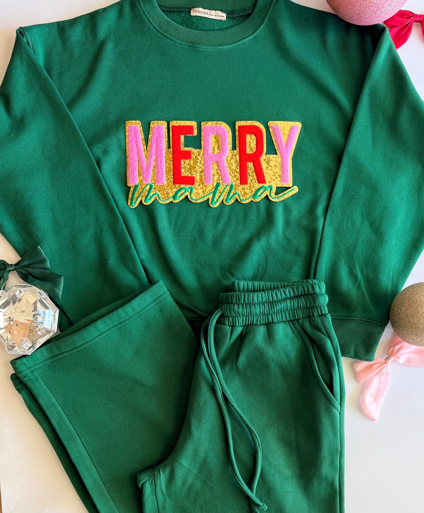 Adult Christmas Green Pullover + Sweatpant Set with Single Sequin Patch