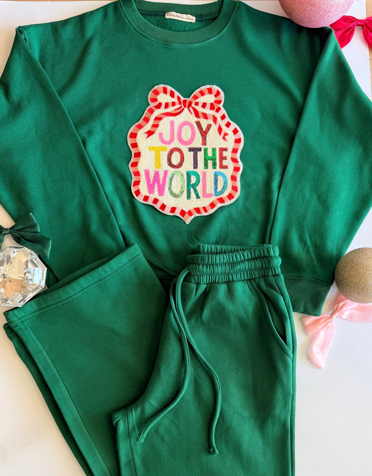 Adult Christmas Green Pullover + Sweatpant Set with Single Sequin Patch