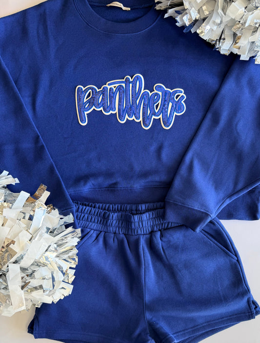 Adult Panthers Sweatshirt + Short Set with Single Sequin Patch