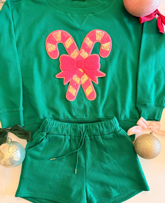 Adult Christmas Green Sweatshirt + Short Set with Single Sequin Patch