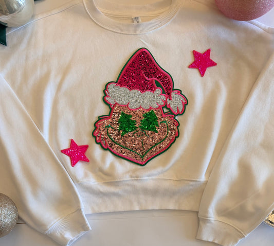 Adult Christmas Sweatshirt with Sequin Patch w/ Bows or Stars