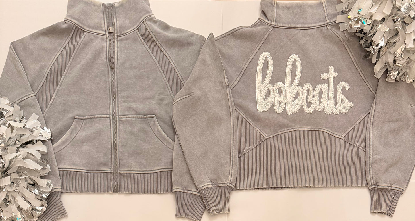 Acid-Washed Fleece Zip Up Jacket w/ Single Sequin Patch