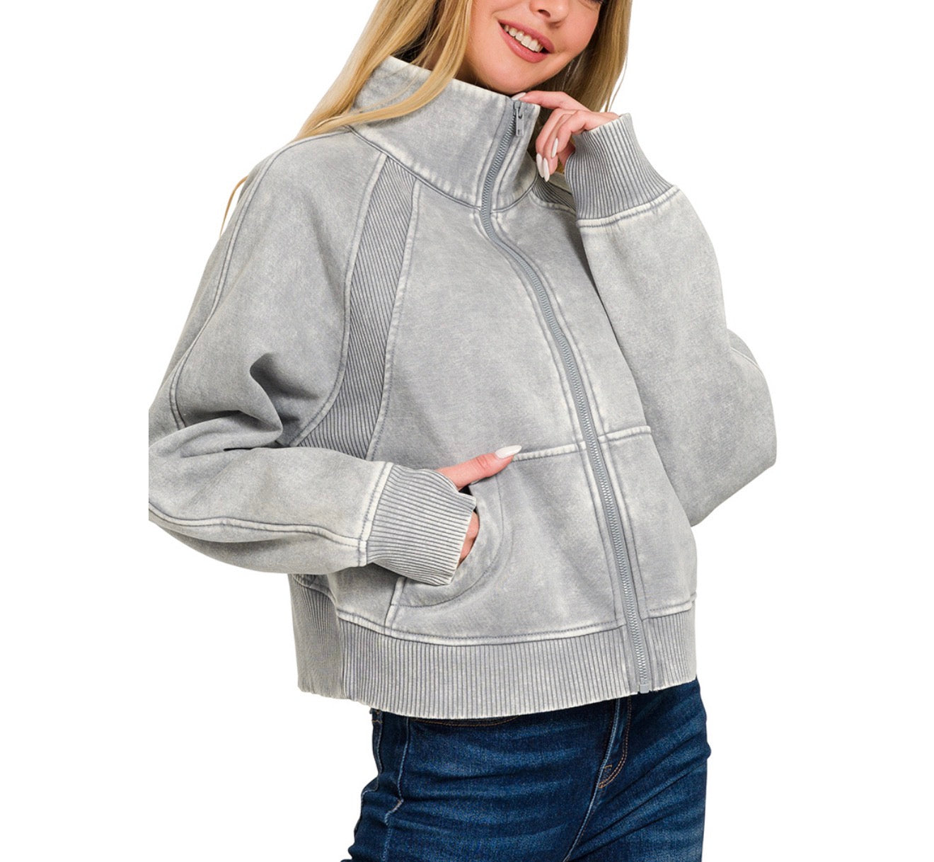 Acid-Washed Fleece Zip Up Jacket w/ Single Sequin Patch