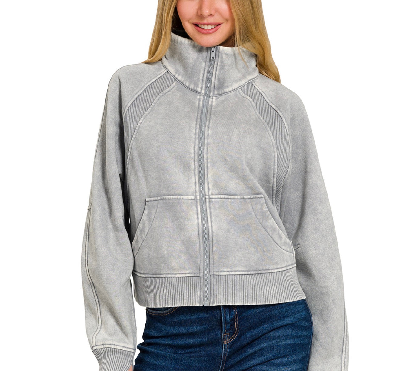 Acid-Washed Fleece Zip Up Jacket w/ Single Sequin Patch