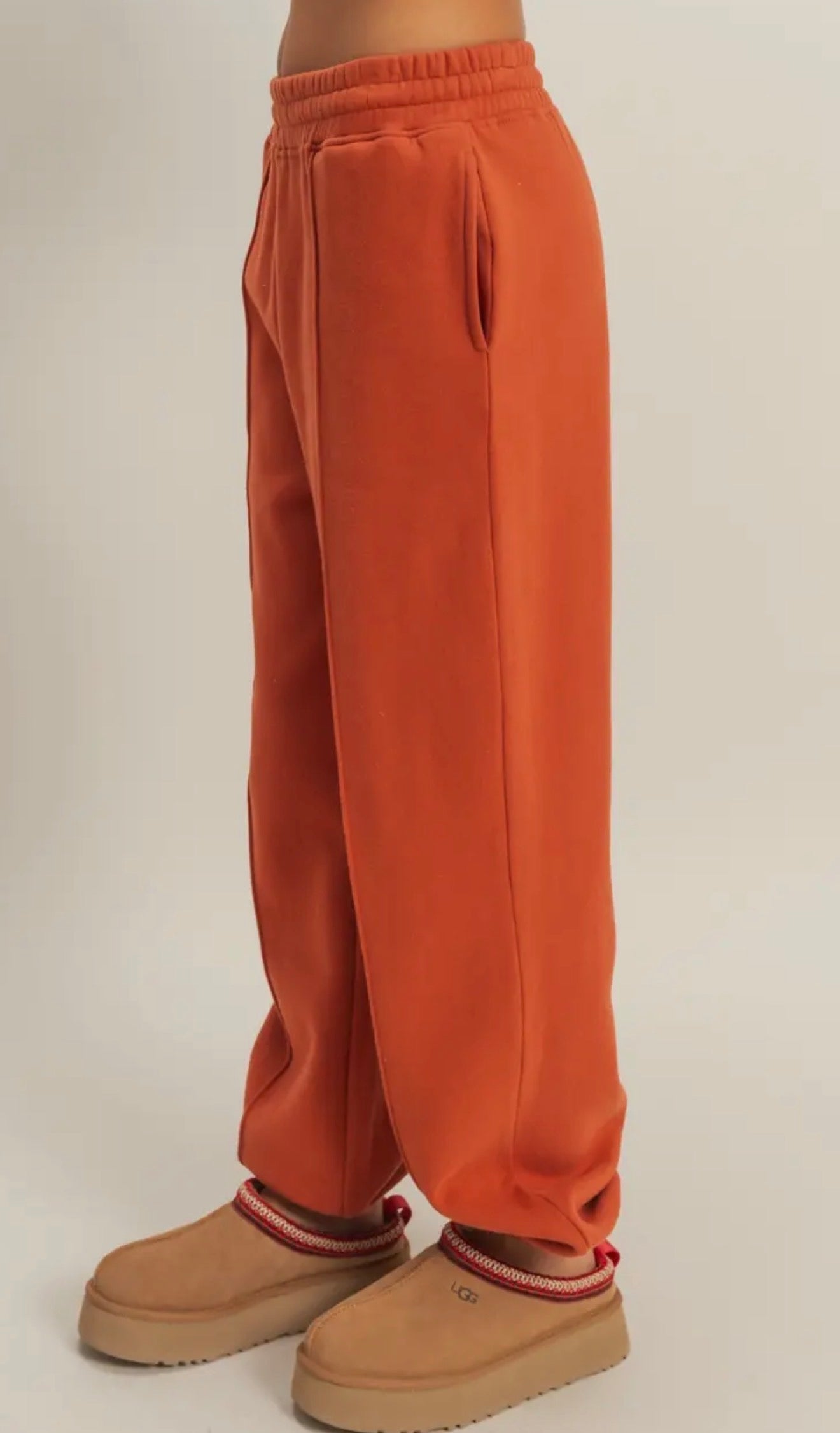 Burnt Orange High-Waisted Pintuck Sweatpants